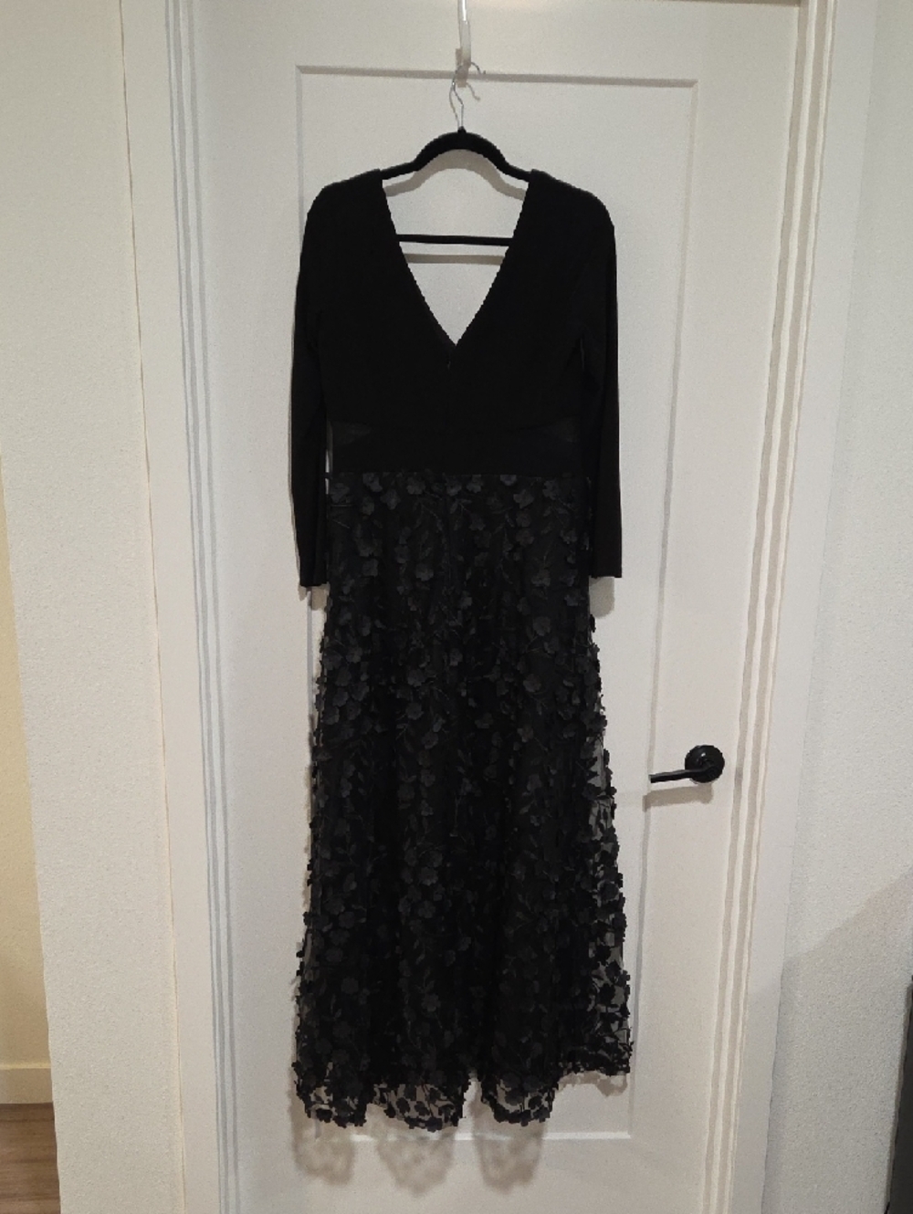 Xscape Black Long Sleeve V-Neck Dress with Floral Appliqué Skirt - Picture 4 of 6